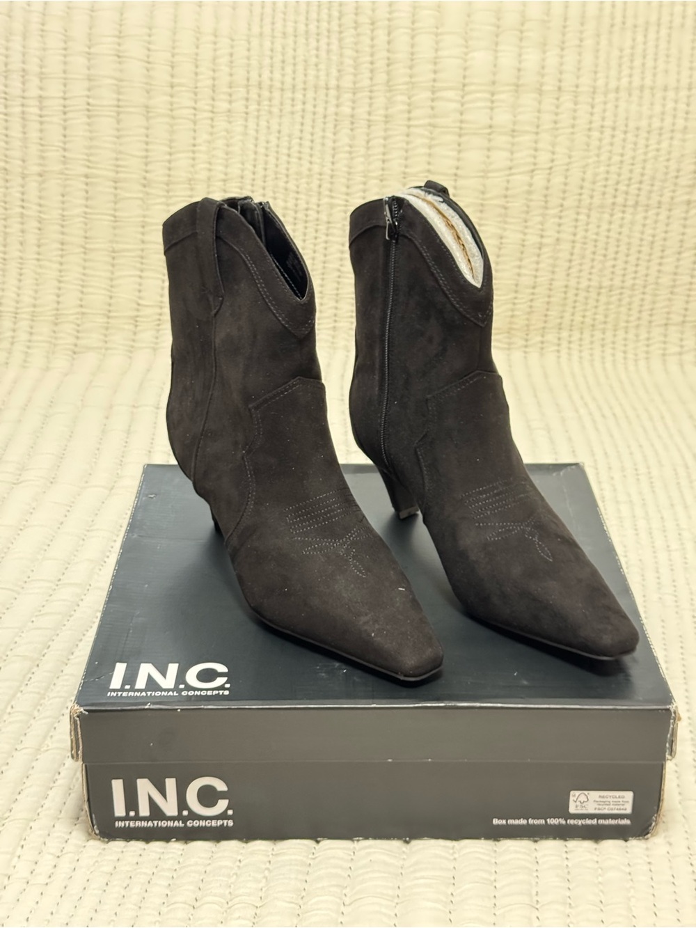 INC International Concepts Secia Western Black Faux Suede Kitten Heel Booties-10